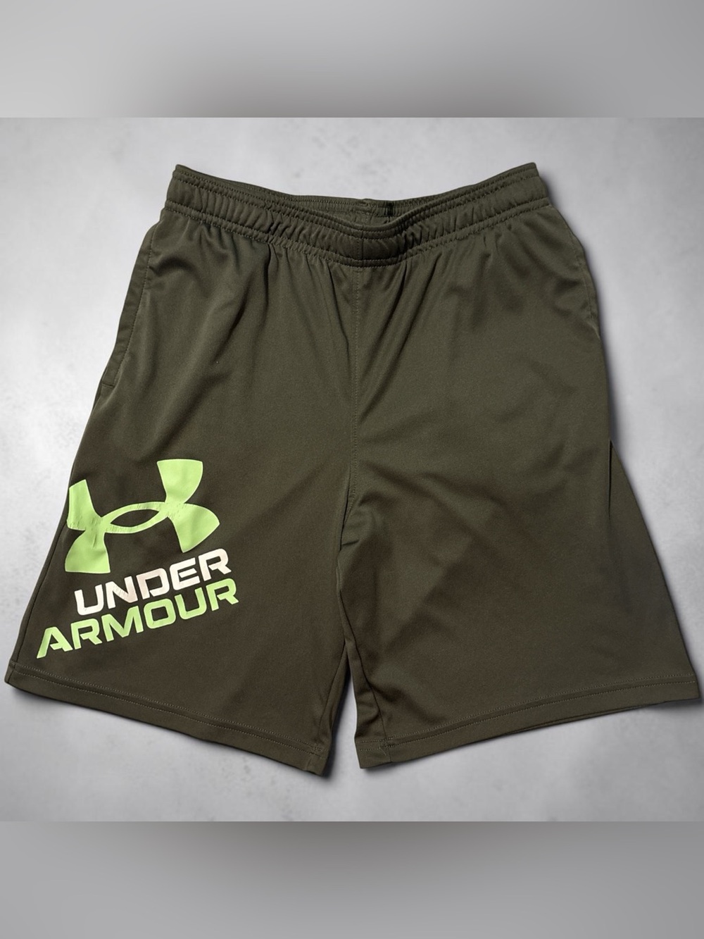 Under Armour Olive Green Athletic Shorts with Neon Logo